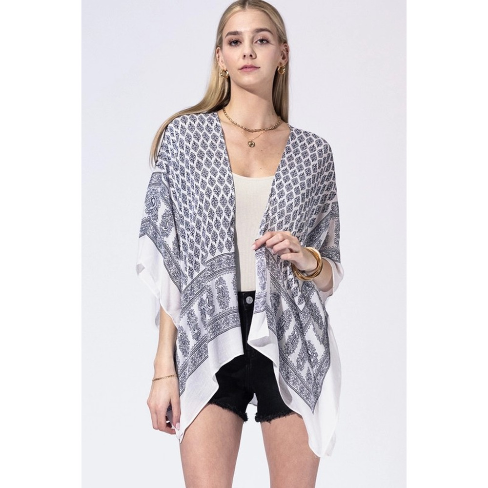 Indigo Mosaic Border Kimono | Damask Viscose Open-Front Layer
